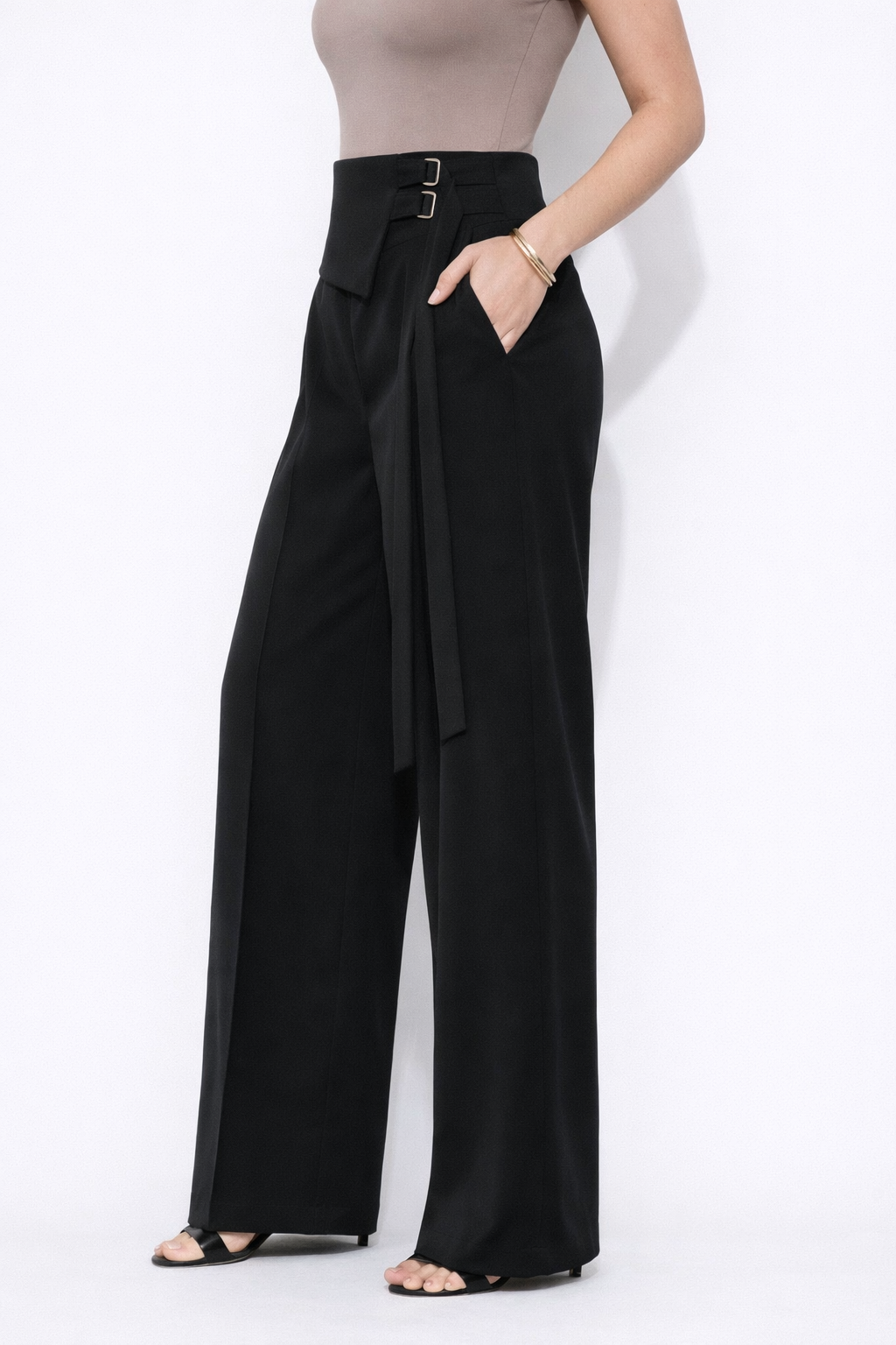 Double Buckle Wrap Waist Wide-Leg Pants