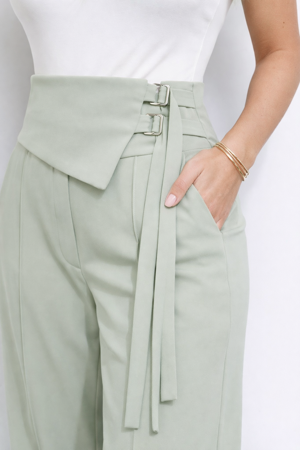 Double Buckle Wrap Waist Wide-Leg Pants