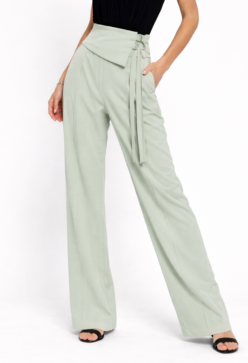 Double Buckle Wrap Waist Wide-Leg Pants