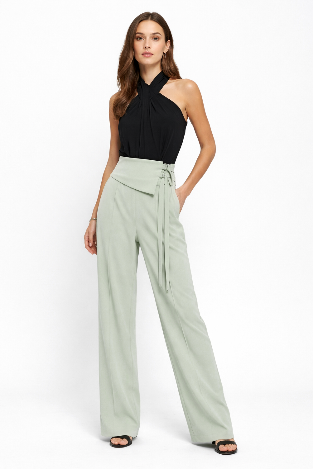 Double Buckle Wrap Waist Wide-Leg Pants