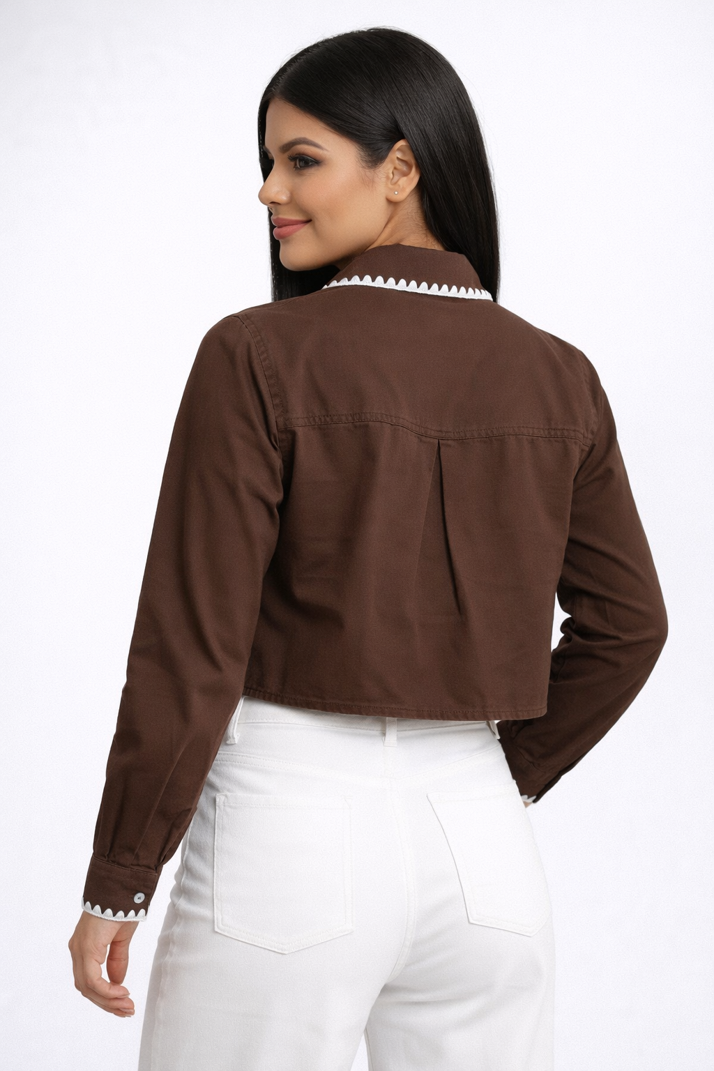 Scallop Stitch Chambray Cropped Shirt