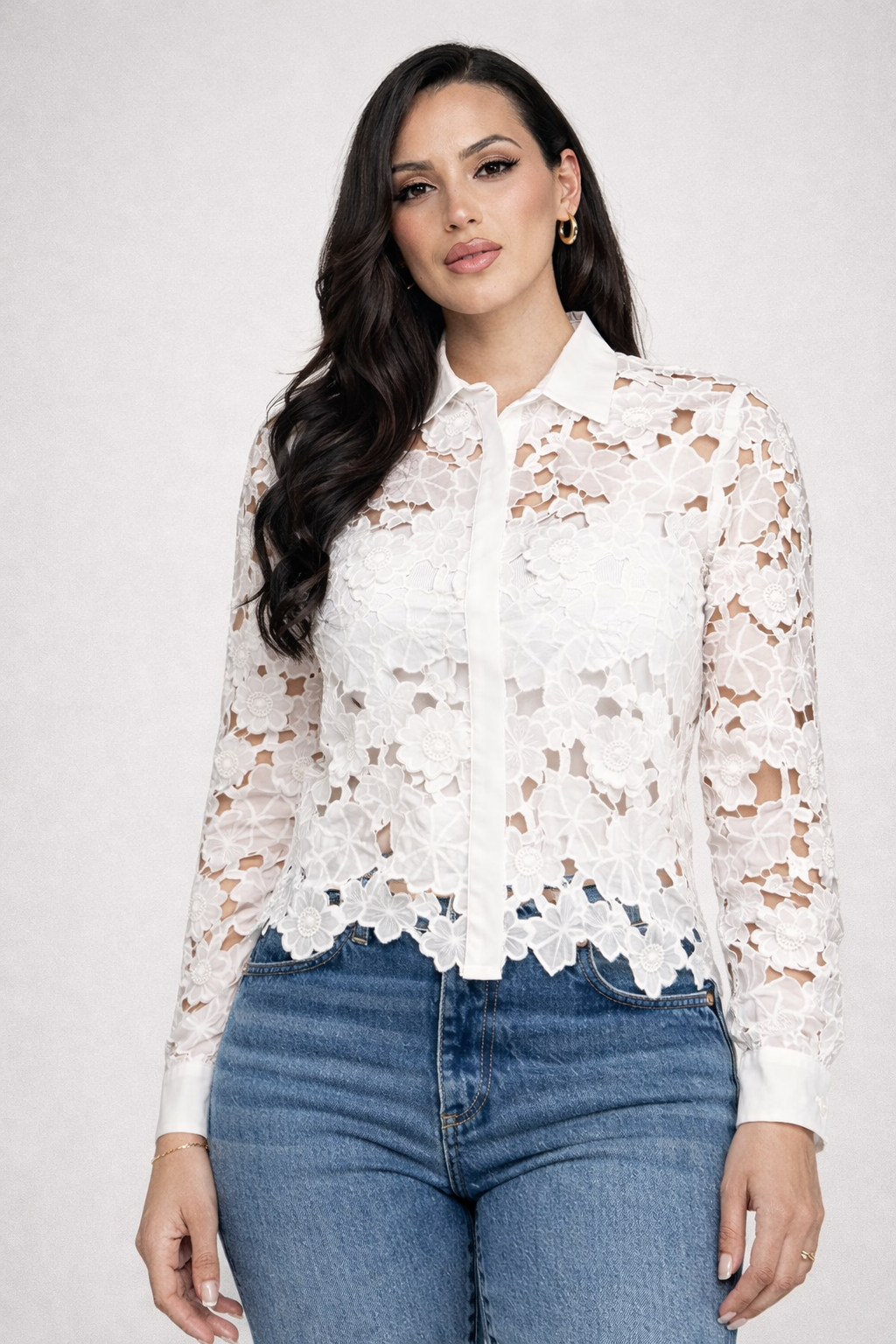 Floral Lace Button-Down Blouse